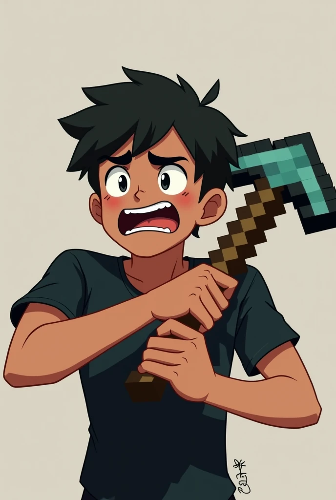 you create a character from the waist up, holding a Minecraft diamond pickaxe with both hands, pointing to the right, your arms appear, His outfit is a black short sleeve shirt, his expression is one of fear, as if he were gritting his teeth and trembling, he is looking slightly to the right, he wears a lens glasses, he has short hair and on his head he has a Minecraft diamond HELMET, your skin tone is a little light brown, his outline is a bit more cartoonish.