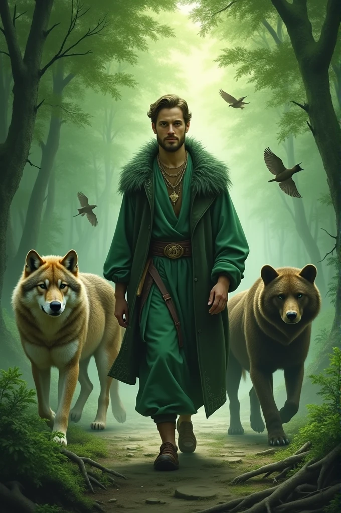 A green-eyed man walking with a wolf , a bear and a swallow flying above it