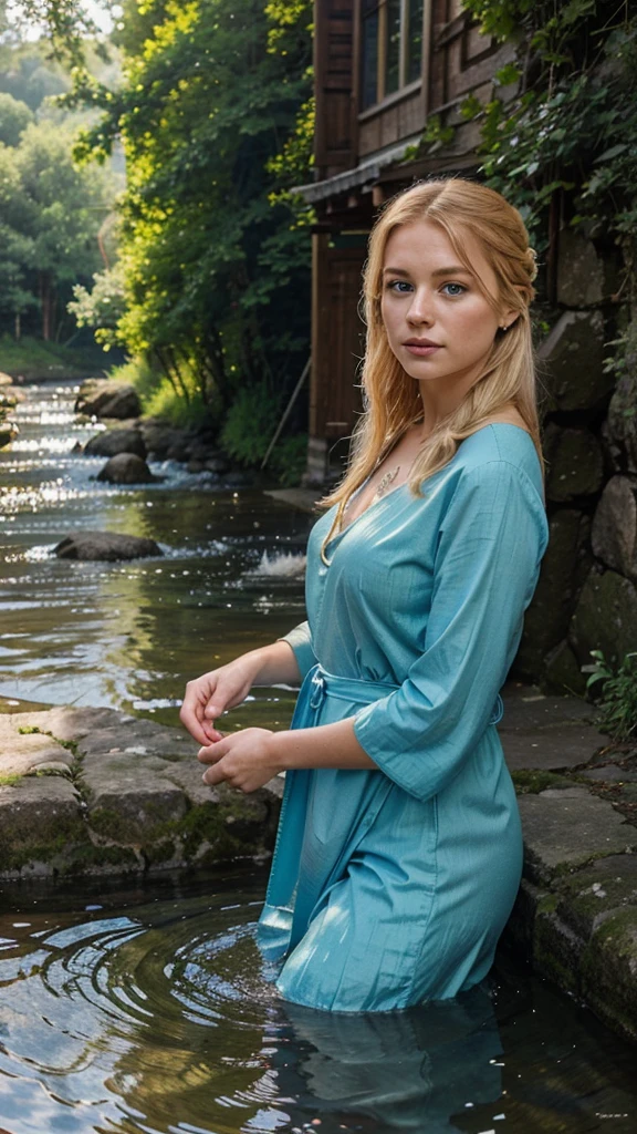 "Visualize a striking Celtic scene featuring a beautiful blonde woman with piercing blue eyes, engaged in washing vibrant red garments in a gently flowing river. She is wearing a traditional Celtic dress with a tastefully low neckline, highlighting her elegance. Surrounding her are lush greenery and the serene details of a Celtic village in the background, including wooden structures and other villagers engaged in daily activities. The reflection of sunlight on the water adds a shimmering effect to the scene, enhancing the vivid colors and historical ambiance."