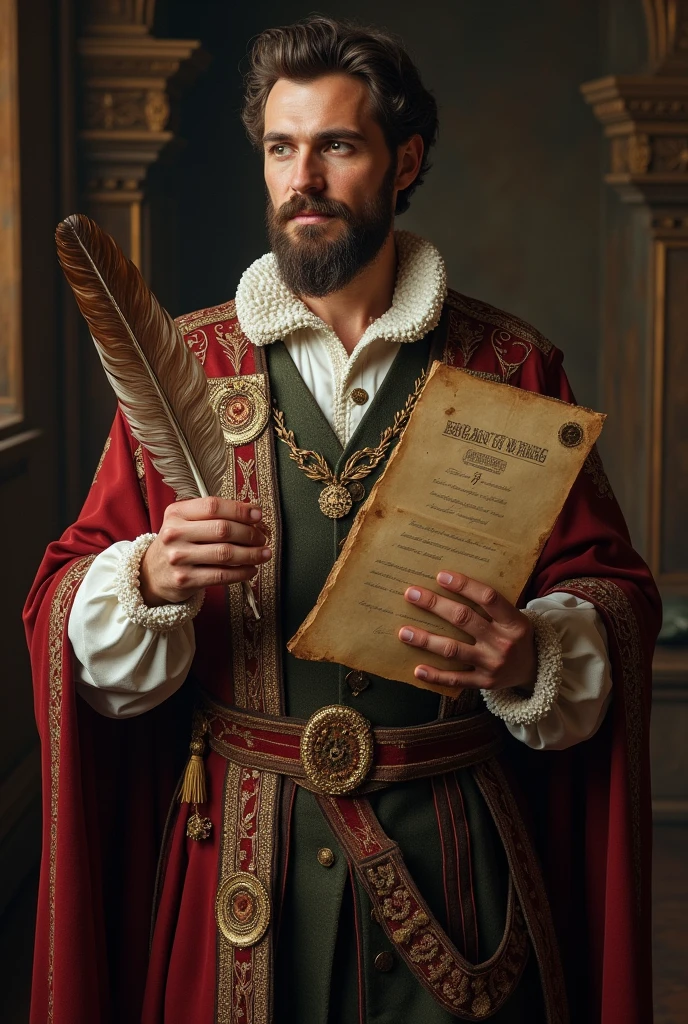 A medieval well dressed man, with a feather in one hand ans a contract in the ohtwr