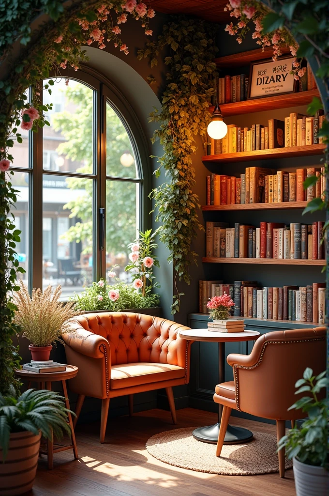 Create a small library inside a cafe with the logo " STARS', with flowers as decoration and around 
