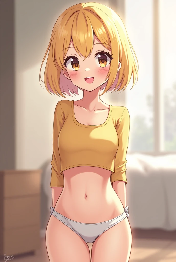 , , Kawai, younger girl, blonde, brown eyes, short hair, bobcut, blonde,, in the room,Smiling,With tight crop top, with tight underwear