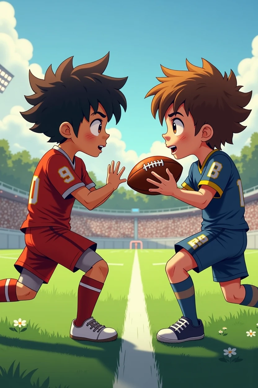Do as in the last image, the american football field scenario, Two teenage boys, one with dark hair and the other with brown hair