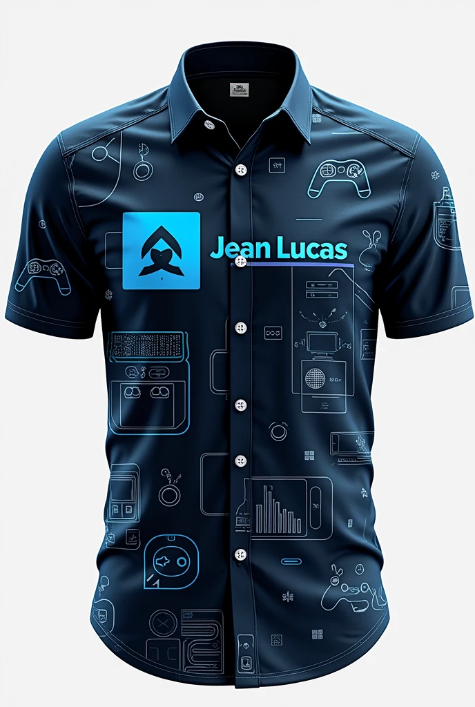 Men's shirt with the Jean Lucas logo written Game with computer and games