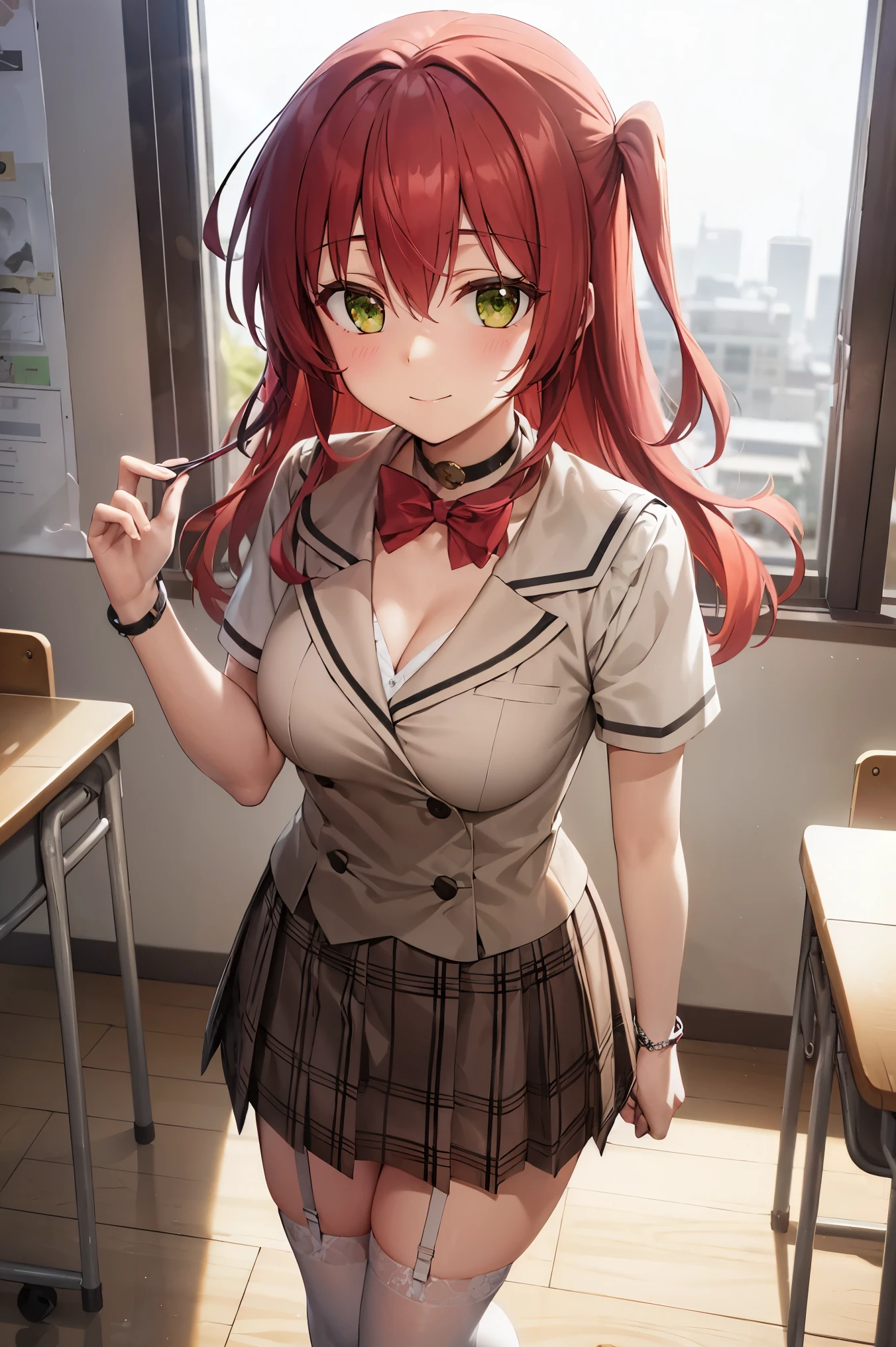 Red hair、Long Hair、bangs、Hair between the eyes、One side up、Green Eyes、smile、Medium chest, Cleavage, BREAK black choker, choker, Symbolism, Garter Straps, neck ribbon, Plaid, puffy Short sleeve, Puff sleeves, purple ribbon, Redhead, ribbon, school uniform, shirt, Short sleeve, skirt, Knee socks, white shirt, white skirt, BREAK Watch Viewers, Indoor rest, Classroom break (masterpiece:1.2), Perfect lighting, 