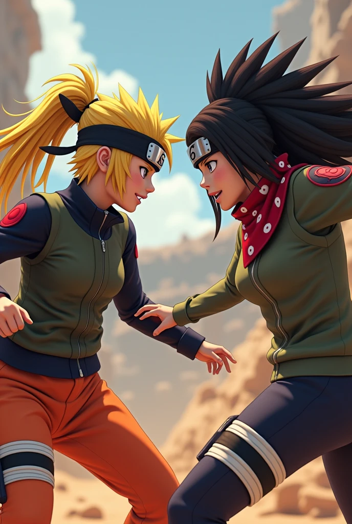 Female Naruto, with bandana x Sasuke fighting with bandana, female version, Disney Pixar style long hair.