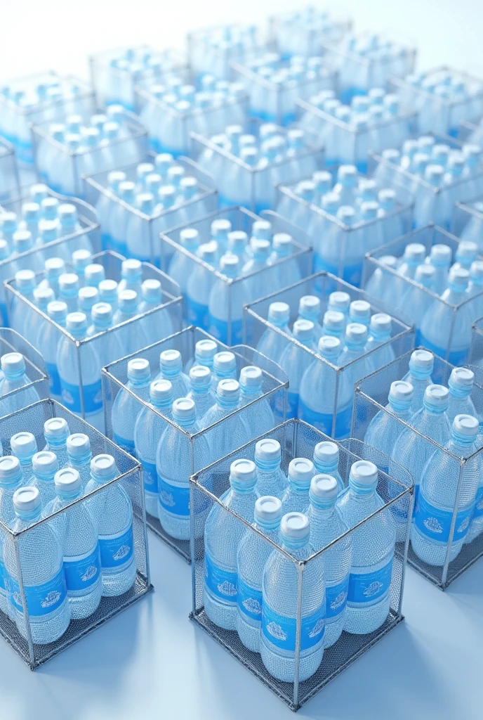 Water bottles stacked in wire mesh cubes