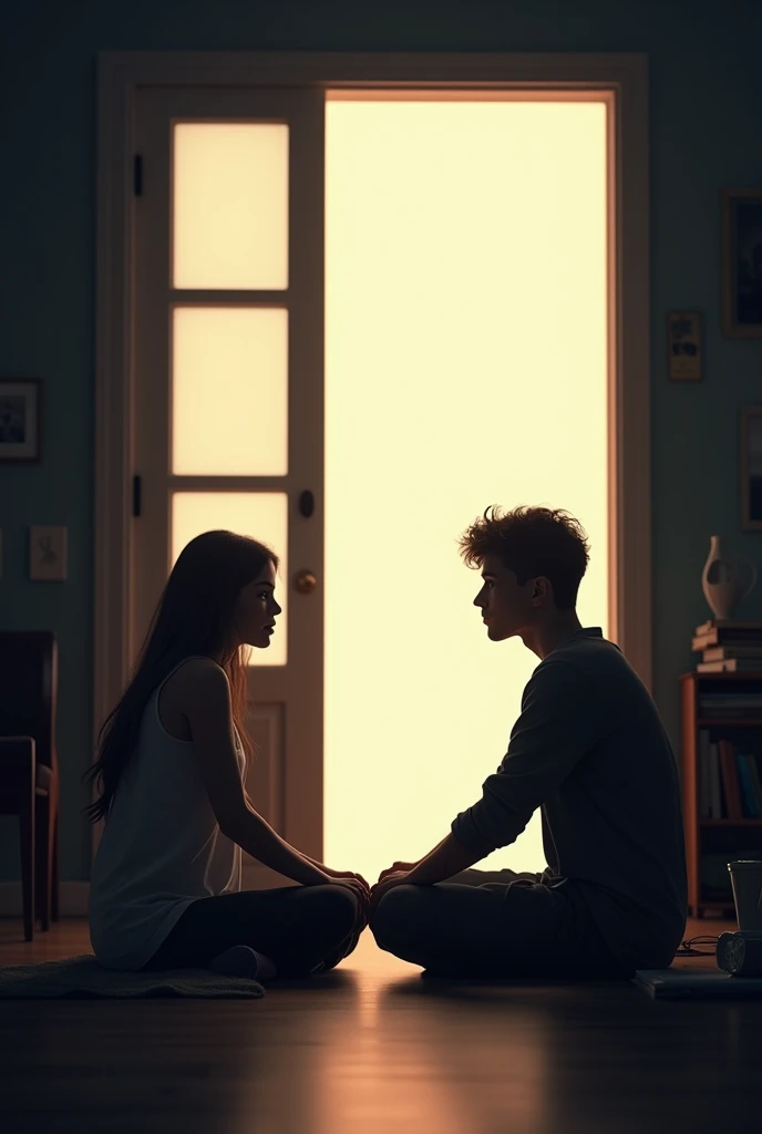 A couple talking sitting on the floor in front of a door