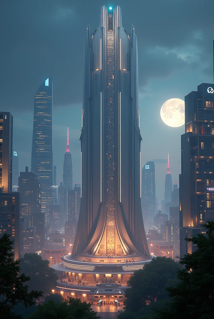 capital building, city hall, city centre, unbelievably tall city hall, extremely tall city hall, ultra tall, multiple buildings, spotlights, birdseye view ,art deco design，streamline moderne，futuristic architecture, Abstraction，modern style，Luxury and Luxury，dark night view，night, full moon, Futuristic decorative elements，Metallic，number line，sci-fi lamp，Virtual Engine，Unreal rendering, logo, greenery,