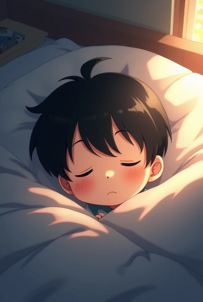(masterpiece, Best Quality),The whole body of boy,(younge boy),ager face,Rear view,Body tilt,delicate big eyes,Open your eyes,smooth and delicate skin,Short square face,Surprised expression,infancy,young age,short round face,Flat chin,finely detaild face,well-muscled,short bright black hair,with an intricate,nakeness,(backbone:1.2), morning,vivd colour,(depth of fields:1.2),Raised sexy,lie face down,bed room, sleeping