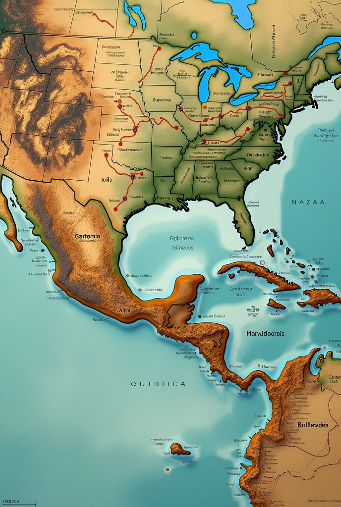 A detailed historical map in Spanish showing the Jade Route, focusing on the jade trade from its discovery to its commercialization. The map highlights key regions of Asia, including the Kunlun Mountains, The Yangtze River and the Silk Road routes connecting China to the West. It also includes the Mesoamerican jade trade routes., originating in Guatemala, passing through regions of Mexico and Central America. The map illustrates the use of caravans in Asia and land transport in Mesoamerica..