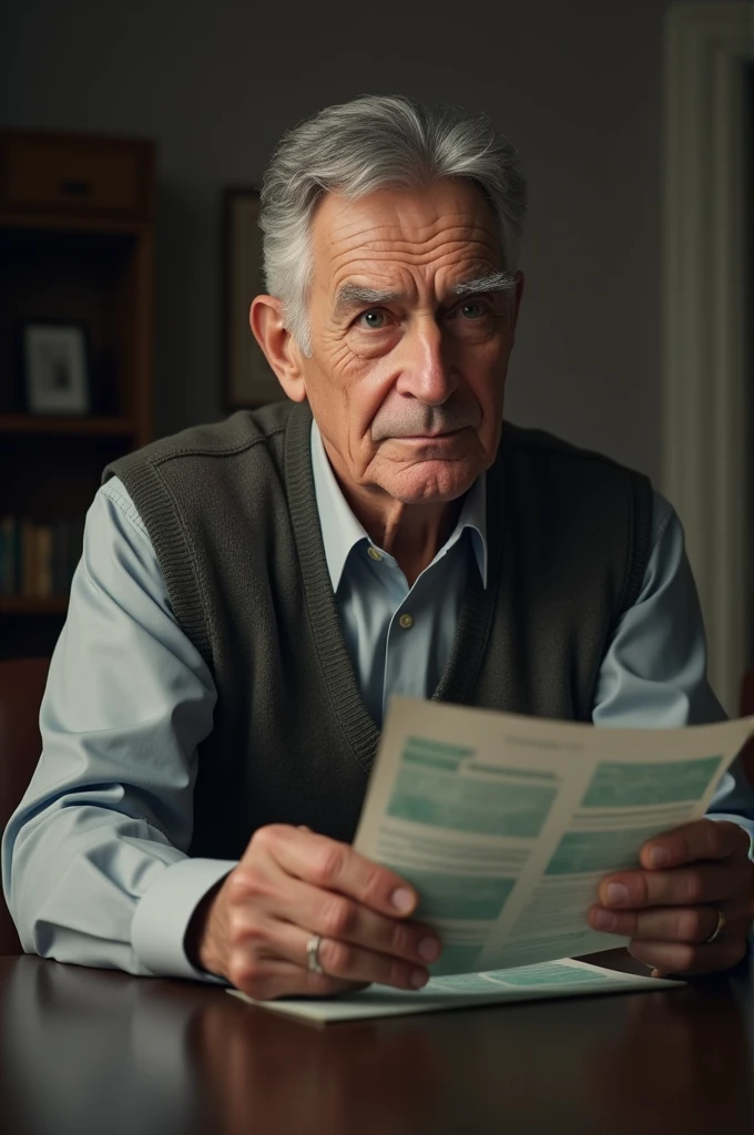 Create a picture of a mature man looking to the side for a bill