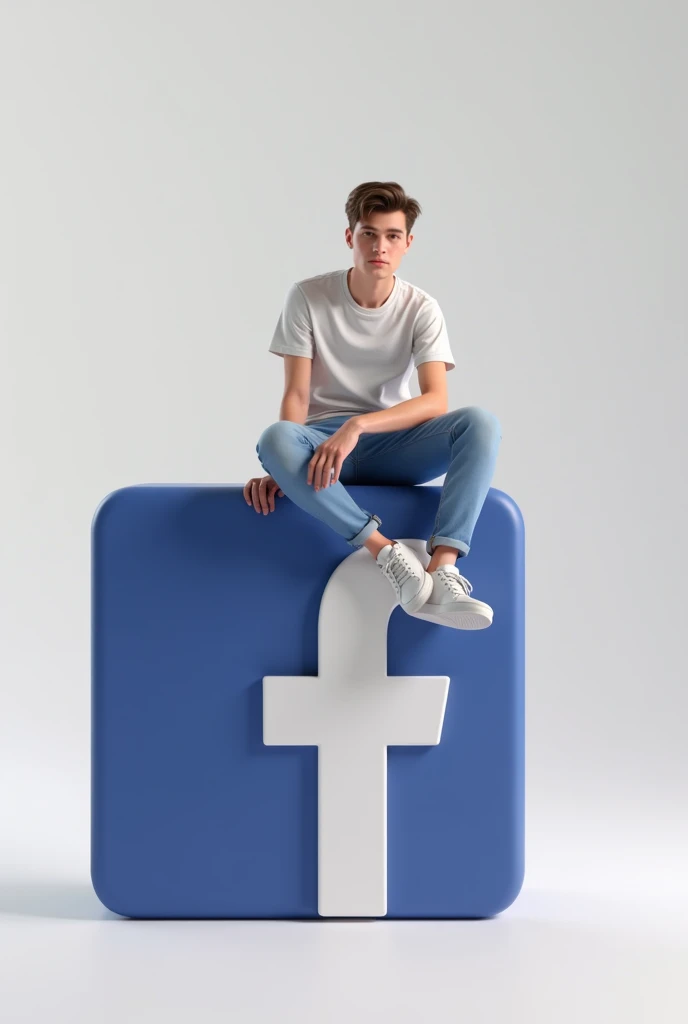 Create a 3D illustration of an 20 year's old boy sitting casually on top of a social media logo "Facebook ".
The character must we