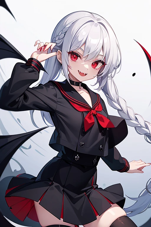 Vampire, black sailor shirt, red eyes, blue skirt, white hair, french braid, black thighhighs, fangs, mischievous smile