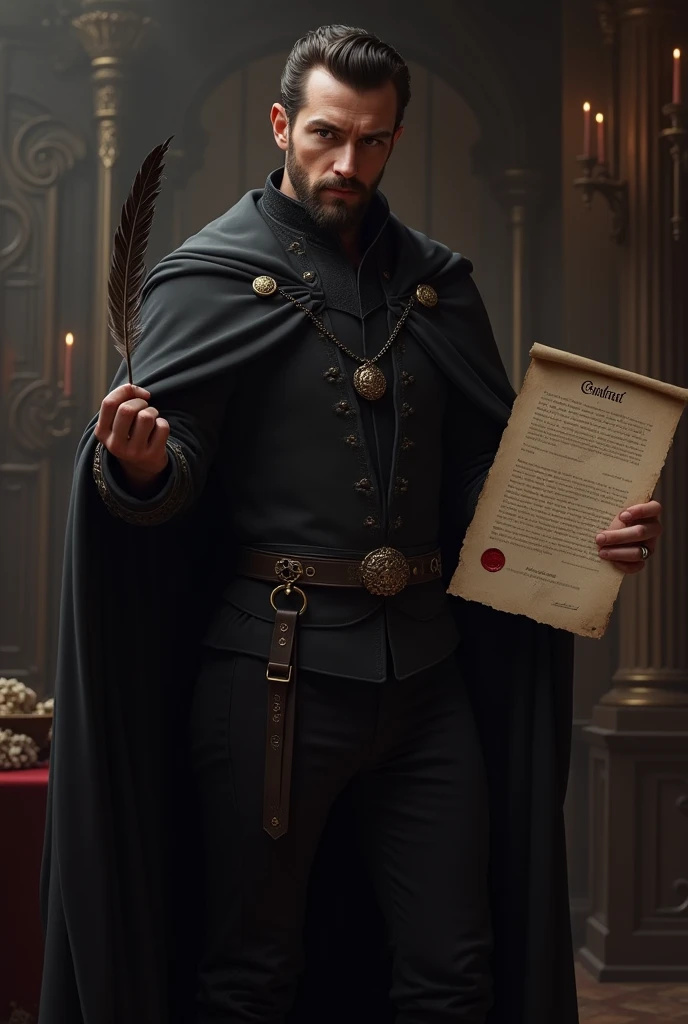 A medieval well dressed man in black, with a feather in one hand ans a contract in the ohtwr