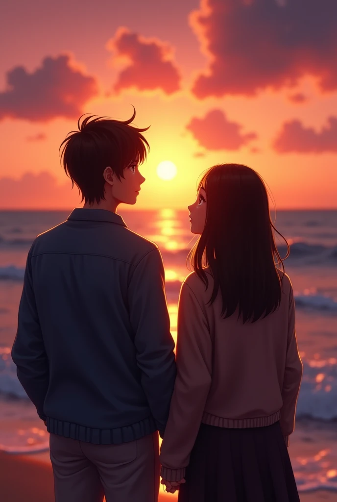 Please create a couple with straight brown hair and brown skin watching a sunset in front of the beach They look at the sun, woman has short hair, realisitic 