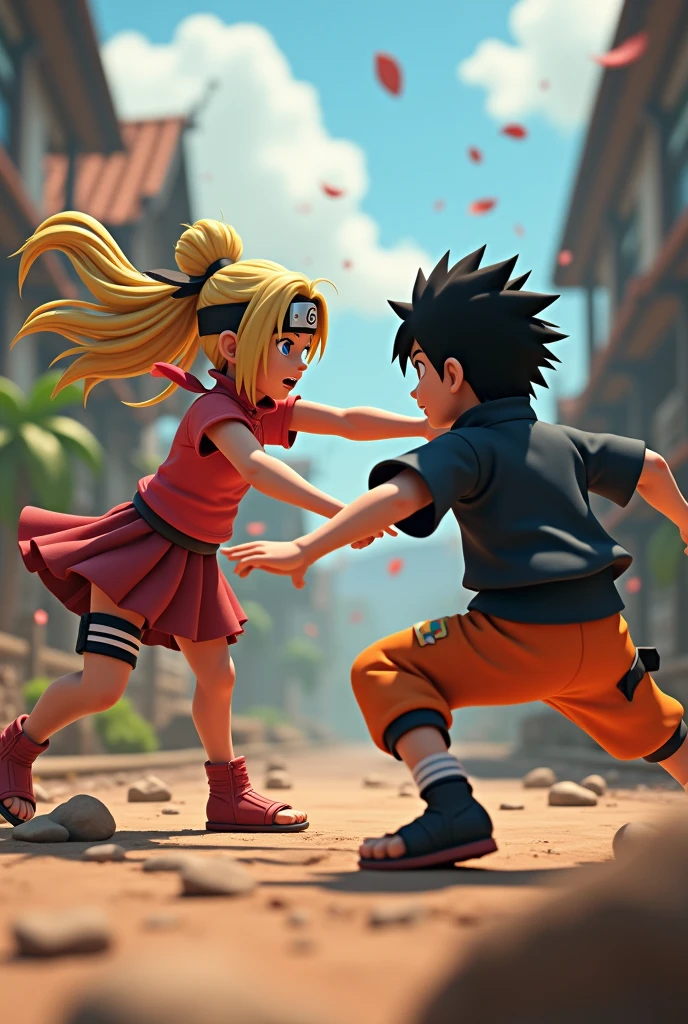Female Naruto, with bandana x Sasuke fighting with bandana, female version, Disney Pixar style long hair.