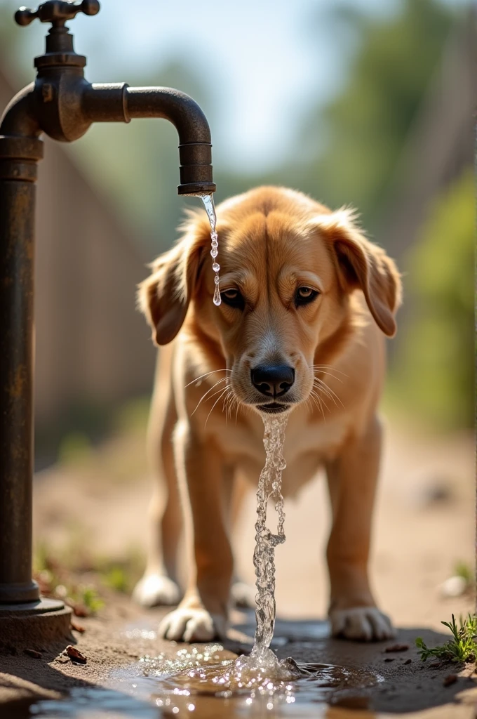 Dog drinking water from a tap on a hot sunny day 