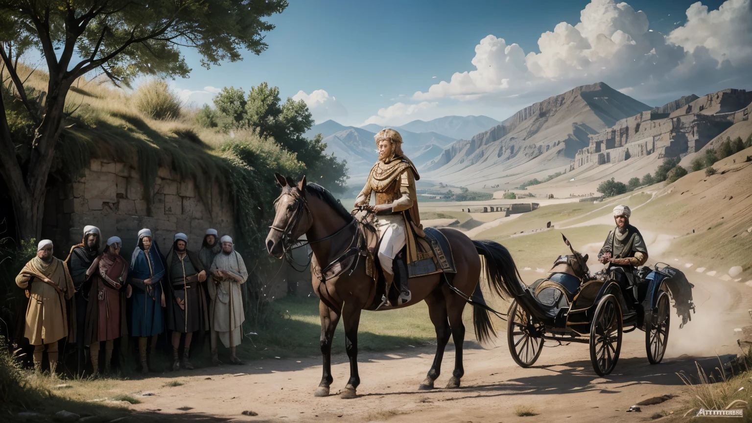 alexander the great, in a horse, with your soldiers, meeting many pretty, beauty aryan woman in north of afeghanistan. Great image, painting, 8k resolution, detailed deed, colorful