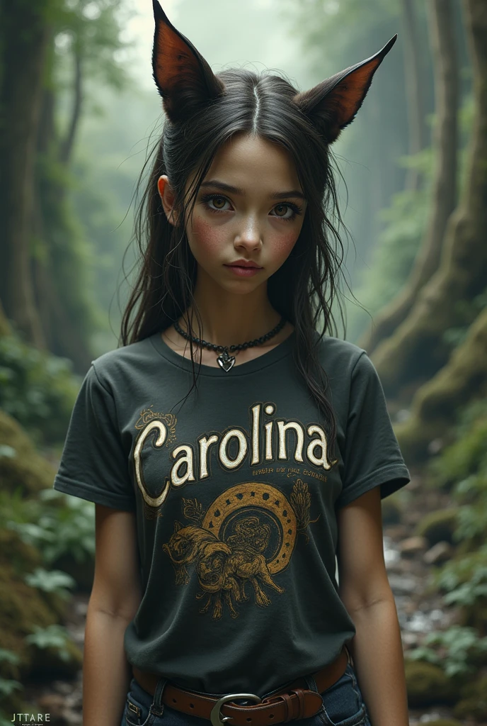 half animal girl with a t-shirt that says "Carolina" 