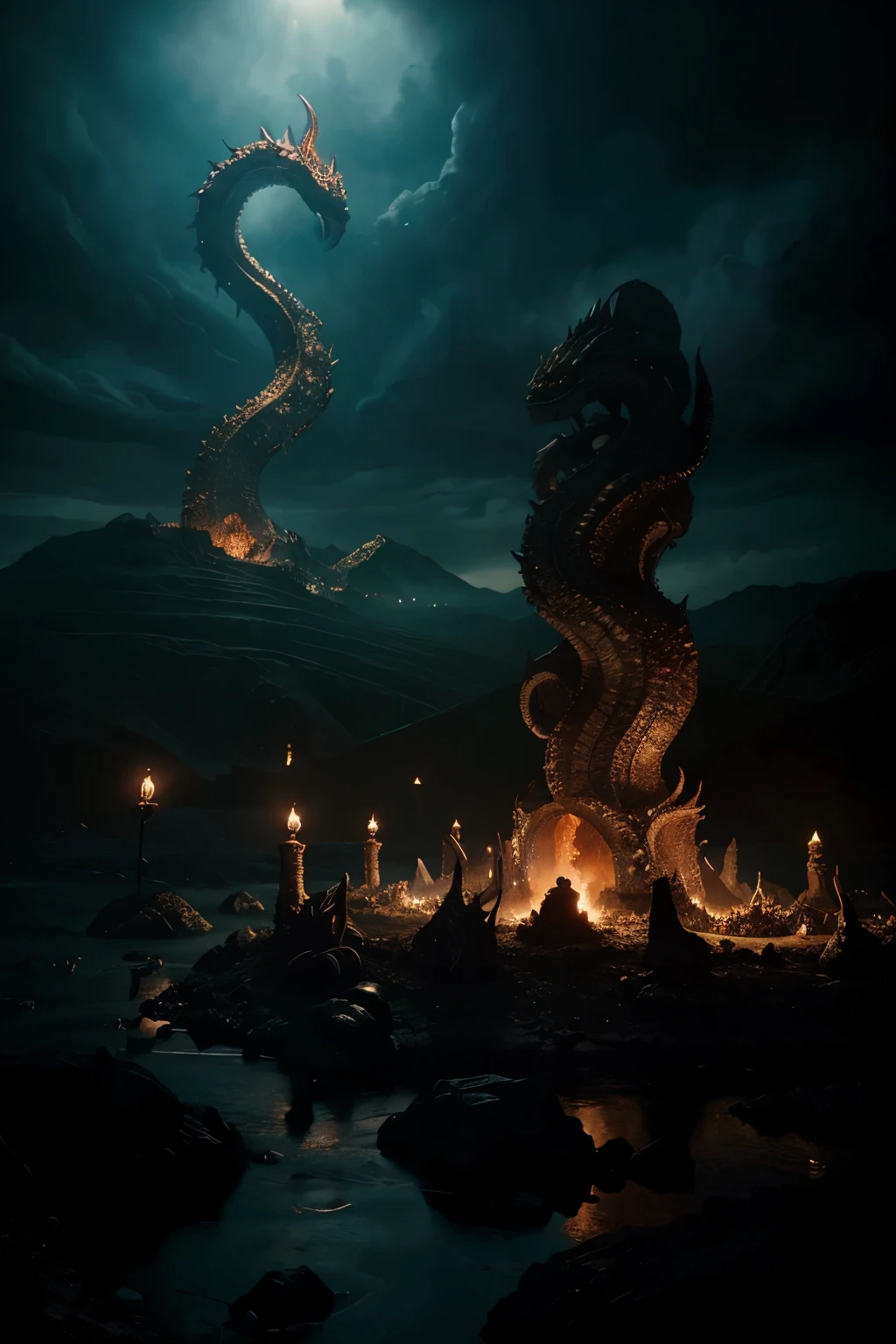 a lovecraftian hell with archons floating and a dragon sleeping lovecraft bloodoborne elden ring panoramic shoot panoramic image