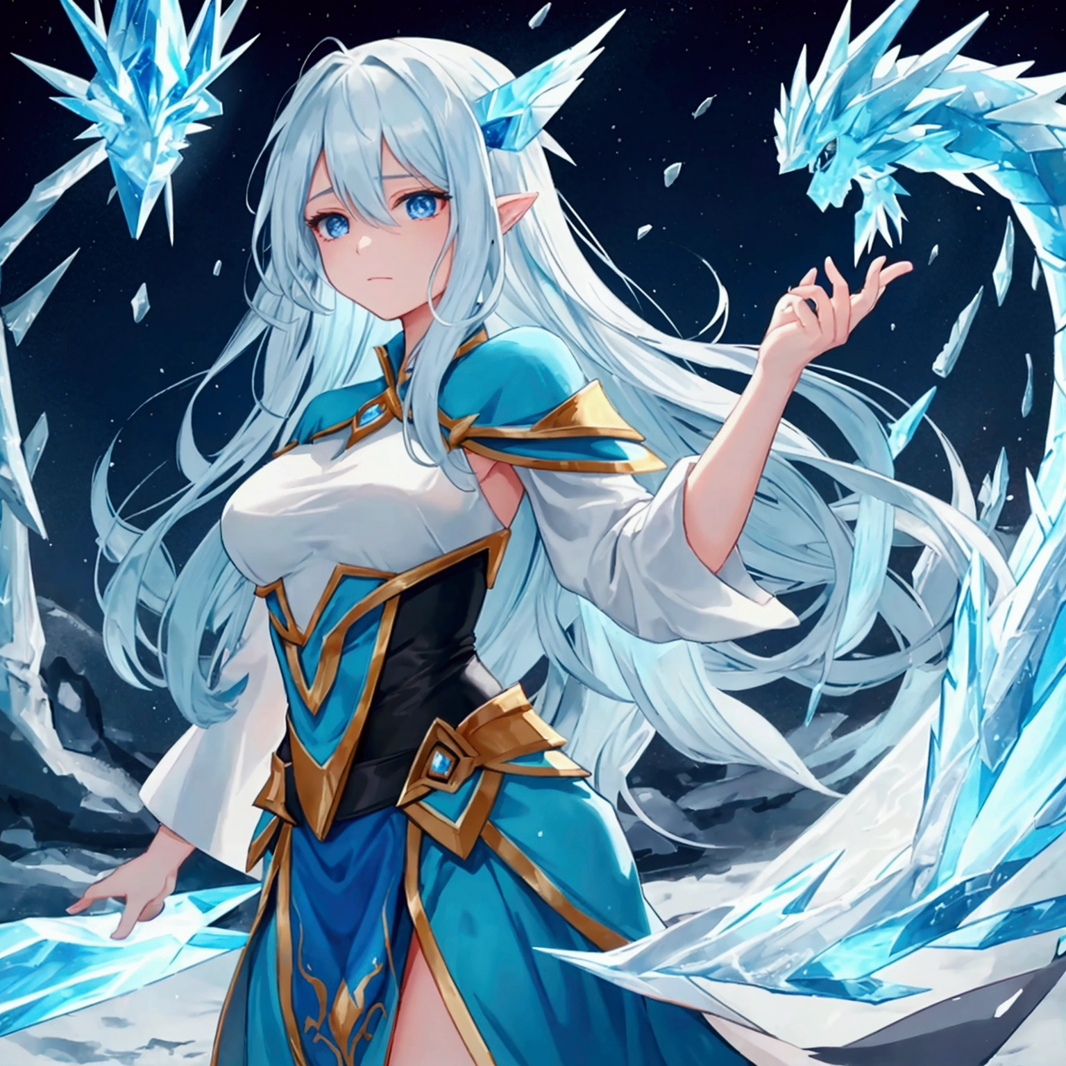 mage is casting ice beem hitting fire dragon on wing ground around her is freezing eyes and hair have lines of flowing mana