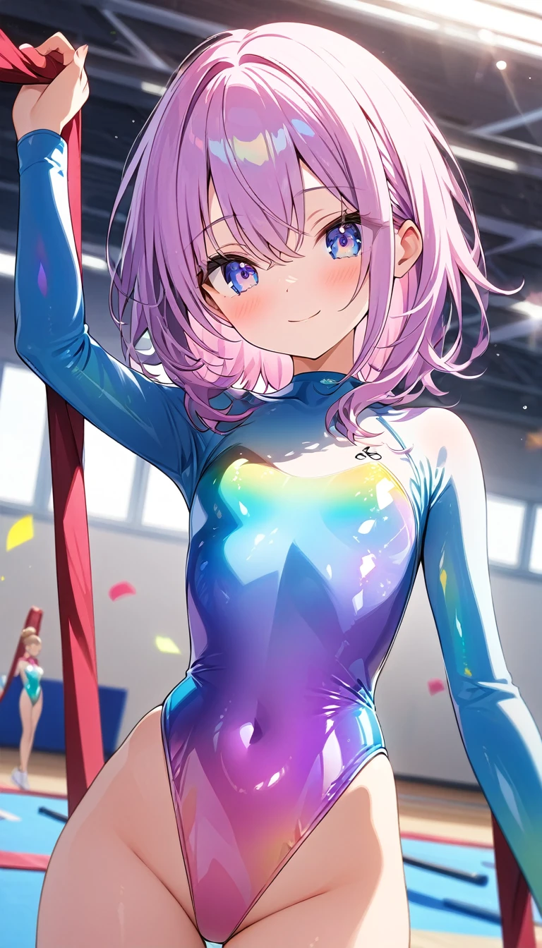 highquality illustration, masterpiece, very delicate and beautiful, attractive girl,(gymnastics leotard,long sleeve leotard with glittery decoration,high_leg leotard,athletic leotard,tight-fit leotard,iridescent gradient leotard,long sleeve leotard),thin,slender body,slim,high school,gymnasium background,gymnastics club,gymnastics athlete,princess, beautiful eyes,light smile,(masterpiece, best quality:1.2), highres, extremely detailed CG unity 8k wallpaper, perfect lighting, Colourful, ultra-high res,4K,ultra-detailed, photography, 8K, HDR, 17 ages,cowboy shot,