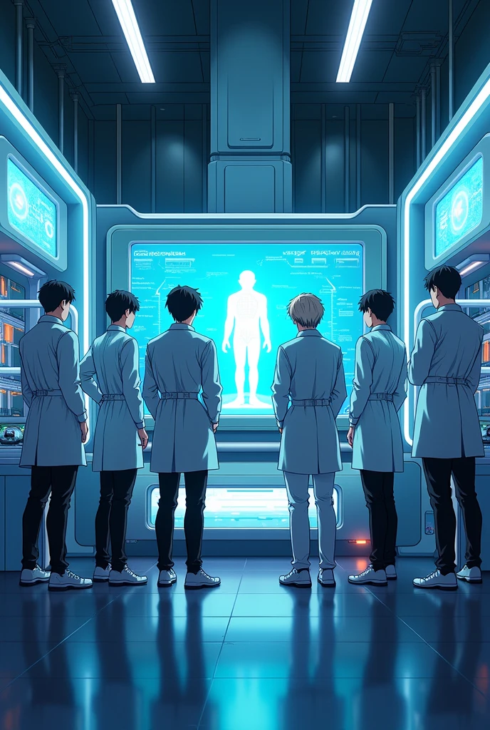 Create a group of 7 male friends creating clones in a laboratory with the anime line with the horizontal screen