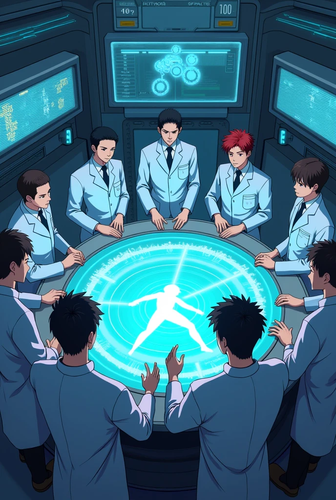 Create a group of 7 male friends creating clones in a laboratory with the anime style