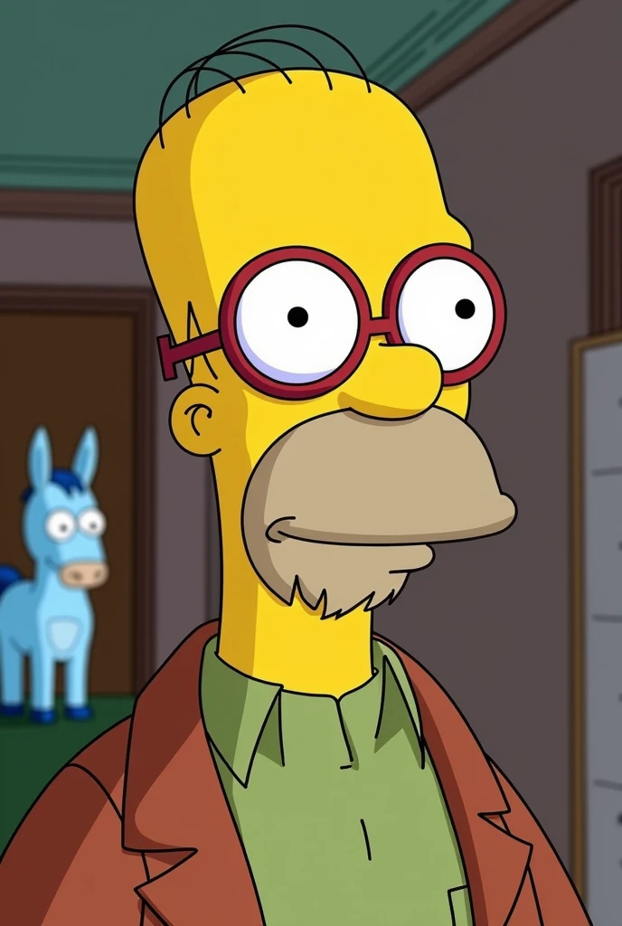 Create the animated character Kirk Evelyn Van Houten with a goatee who is Milhouse&#39;s father with a little blue horse on the periphery and bald in the center of his head with round red-framed glasses with a slightly rounder head. 