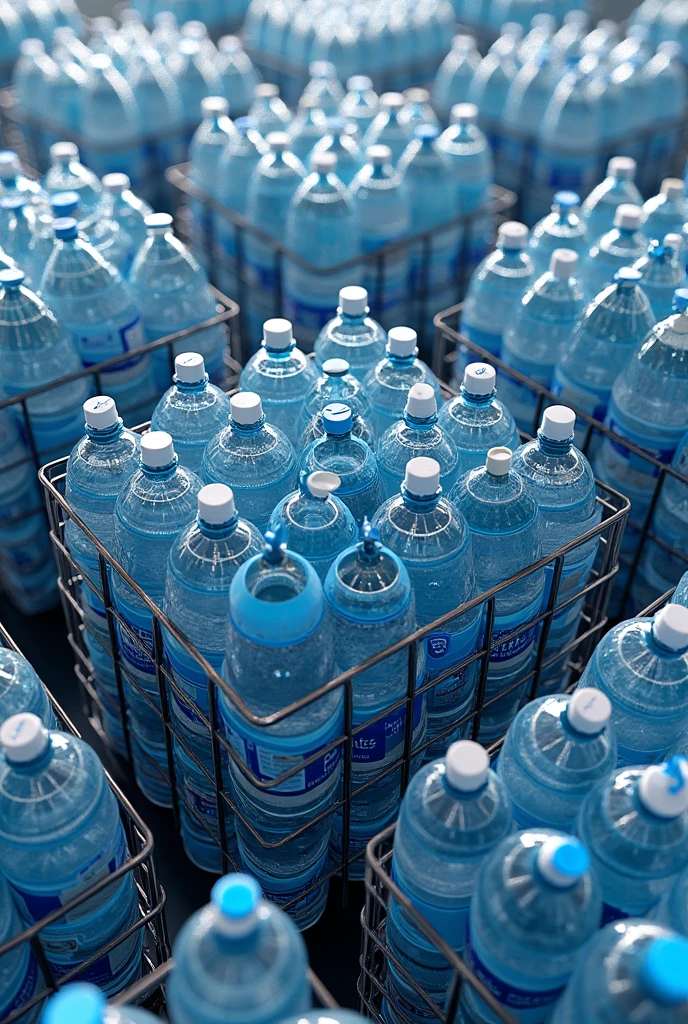 Hundreds of water bottles of all brands piled up in wire mesh cubes 