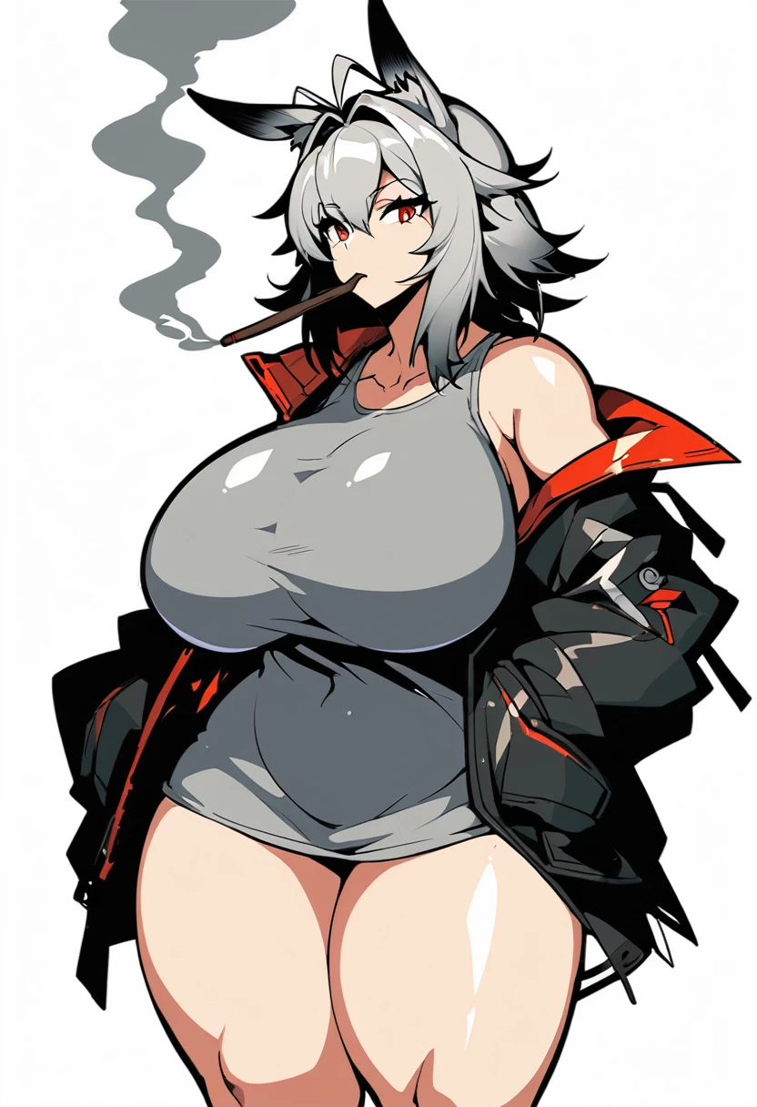 W(Arknights),grey hair,antenna(red),insect ears,curvy body,big breast,big thighs,wears oversized black jacket,grey shirt,no pants,arms in pocket,smoking cigars,midnight setting,manga art style, nsfw.