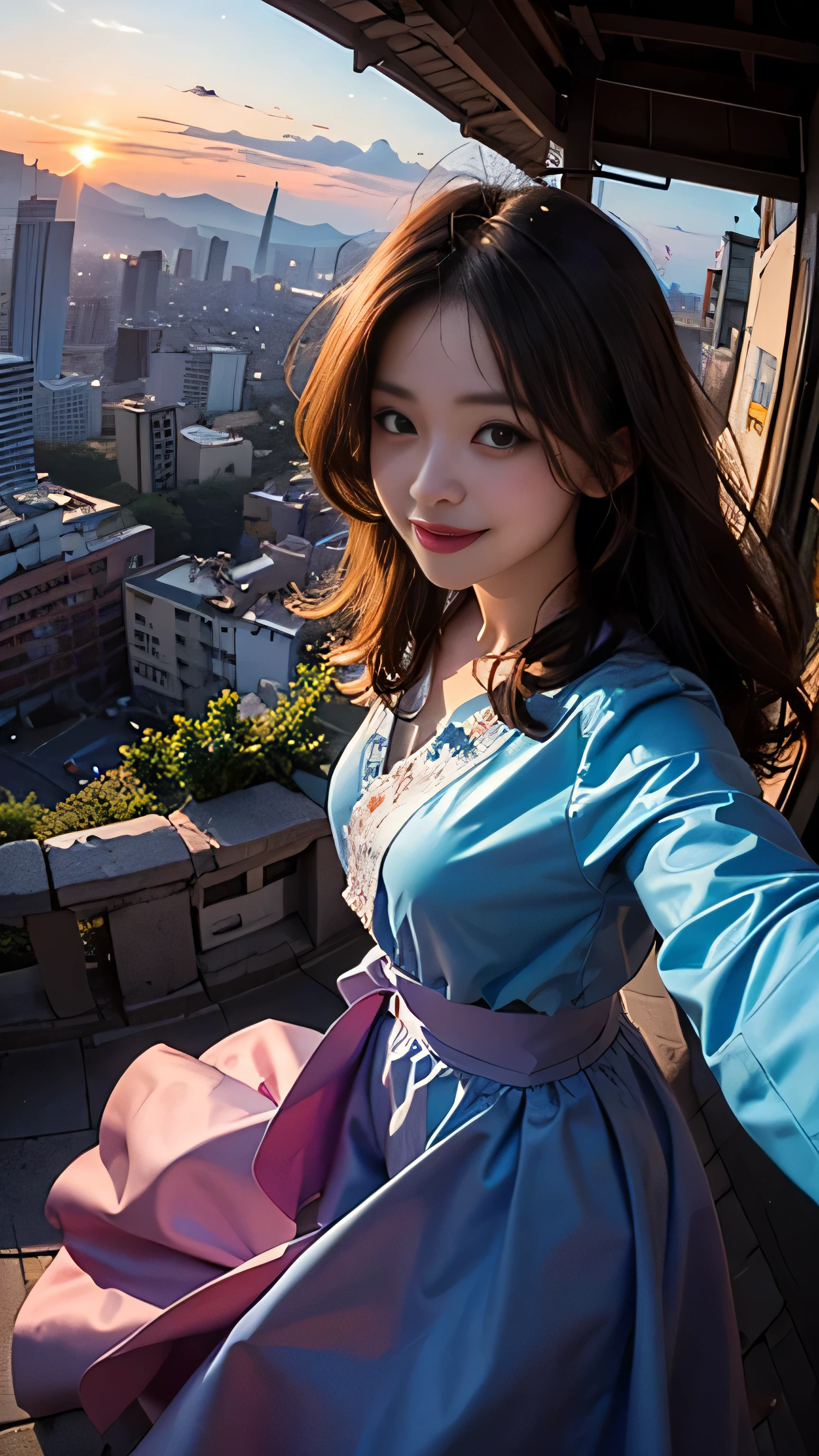 One girl, Korean, Fisheye Lens, Selfie, Wind, Messy Hair, sunset, Cityscape, (Aesthetics and atmosphere:1.2),smile
