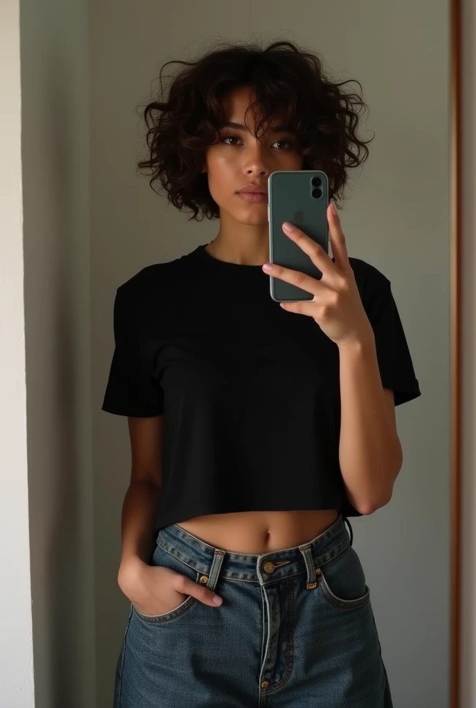 Hiper realistic and natural picture, 18 years girl taking a selfie in the mirror, Looking at the cell phone he is taking the picture on, wearing Black cropped shirt, Baggy jeans, Aesthetic clothing, sensual clothing, pretty girl, cute girl, beautful, curly hair, dark look, modest outfits, short hair, natural hiper real, light brown skin, medium curly hair, perfect face, perfect hands