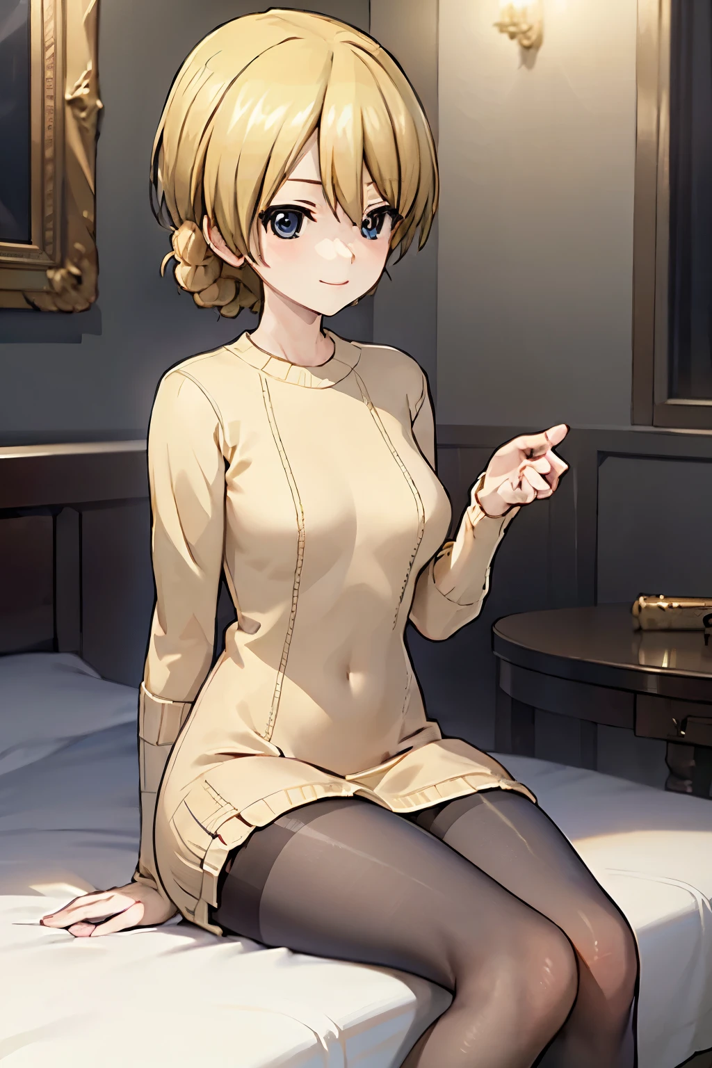 (Highest quality:1.1), (masterpiece:1.4), (Absurd:1.0),
One Girl, Darjeeling、Golden Hair、Short Hair、Medium chest、Looking at the audience、Bedroom、(blush:1.2)、Embarrassed expression、((pantyhose))、((Knitted dress))、((sit))、