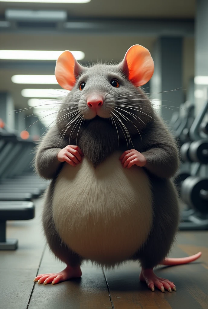 Create an image of a fat bearded rat in the gym