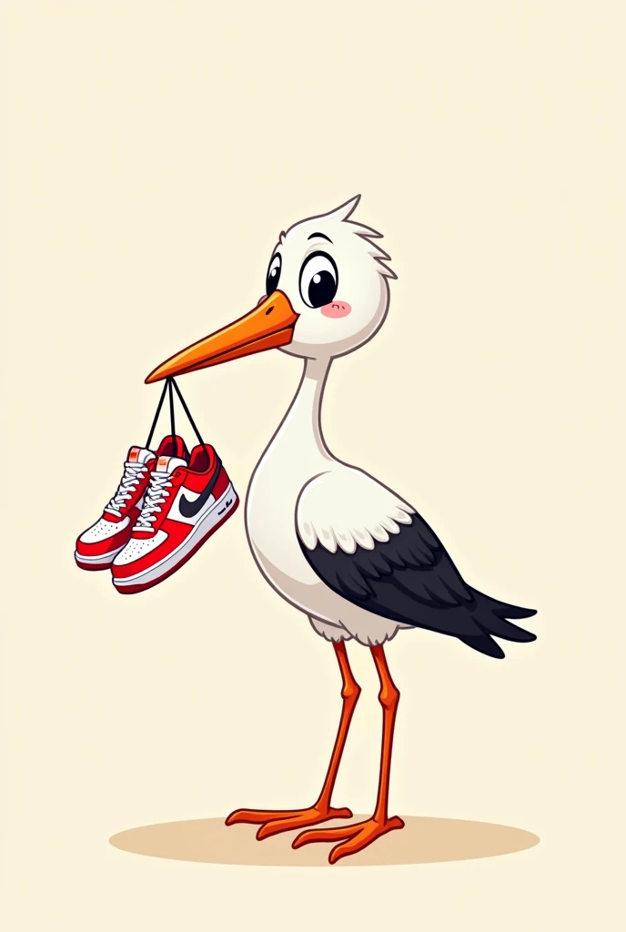 Stork flying with Nike Air Force | low retro branco/red hanging from the mouth by the shoelaces, cartoon image for instagram profile picture, keep the same image but with the stork smiling