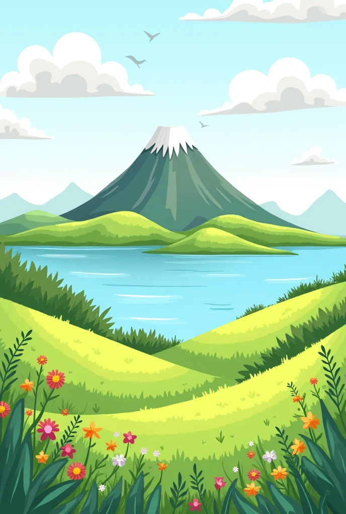 Landscape that has a volcano, sea or lake and lots of grass for that is for coloring