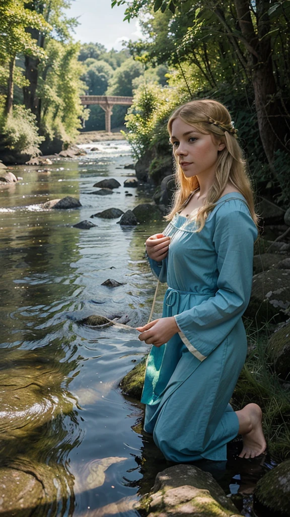 "Imagine an enchanting scene where a young Celtic girl, with blonde hair and bright blue eyes, is kneeling by a clear river, carefully washing red clothes. She is dressed in a costume typical of the Celtic era, characterized by a simple but elegant fabric with a discreet neckline. The surrounding landscape reflects Celtic everyday life, with dense vegetation and other people in the background, engaged in their daily tasks. an authentic glimpse into the Celtic environment."