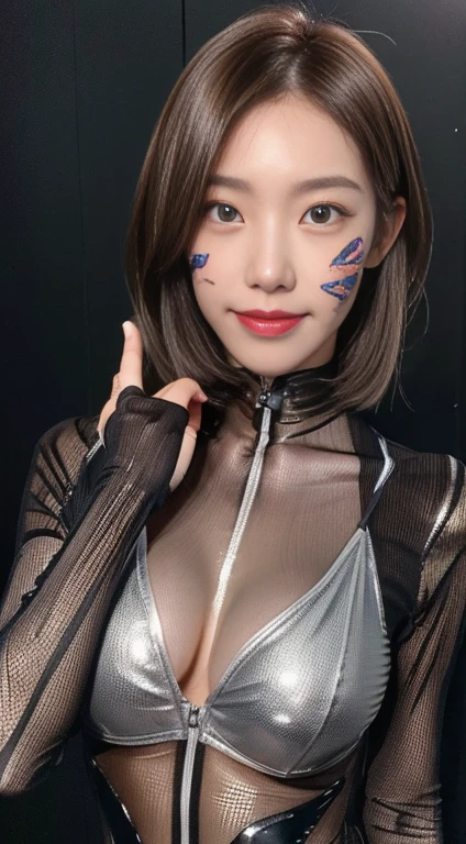 ((Realistic lighting, Highest quality, 8k, masterpiece: 1.3)), Clear focus: 1.2, 1 person, Perfect Body Beauty: 1.4, Slim Abs: 1.1, ((Dark brown hair,short hair,waved her hand, Big Breasts: 1.3)), (Finished with body paint,Dark silver transparent solo mesh catsuit: 1.4), (Simple gray background, noon: 1.1),Body Paint Dresses, whole body, Long legs, Highly detailed face, Beautiful Eyes, double eyelid,Captivating smile,No face paint,A refreshing smile