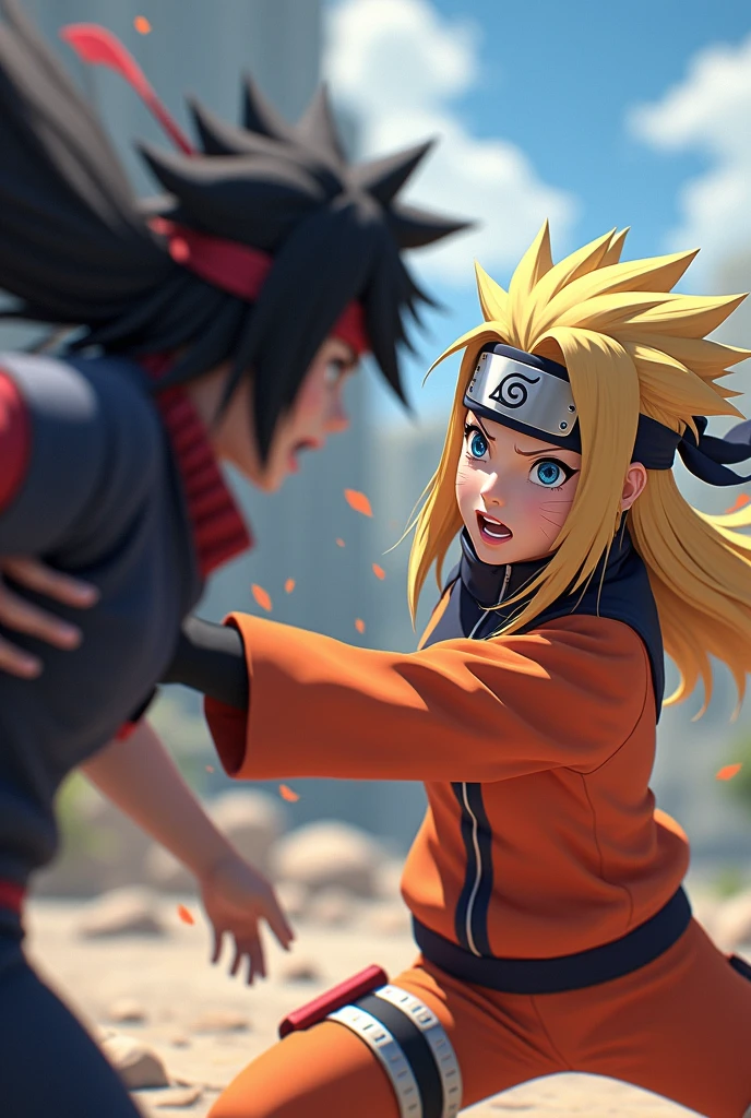 Female Naruto, with bandana x female Sasuke fighting with bandana, female version, Disney Pixar style long hair.