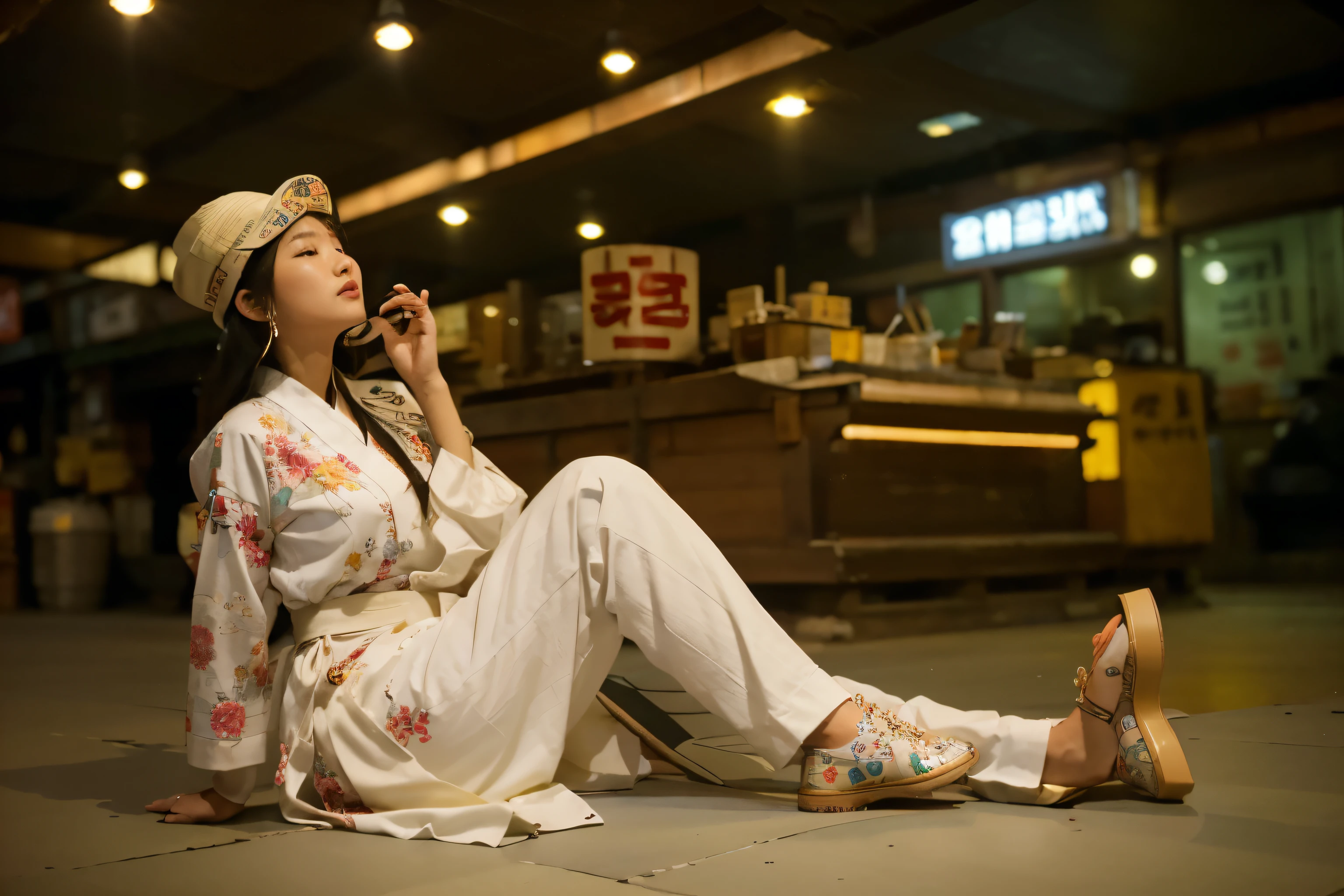 (Best quality, 8k, 32k, Masterpiece, UHD:1.2) "Transform the setting of the image into the bustling streets of Seoul, Korea. The scene should capture the vibrant energy of the city with its modern skyscrapers, crowded streets, and neon signs illuminating the surroundings. Include iconic elements like Korean street food stalls, colorful storefronts, and traditional hanok-style rooftops blending with contemporary architecture. The atmosphere should be dynamic and lively, reflecting the hustle and bustle of a major metropolis, yet with a uniquely Korean flavor in the details, such as Korean-language signs and cultural artifacts subtly integrated into the environment."