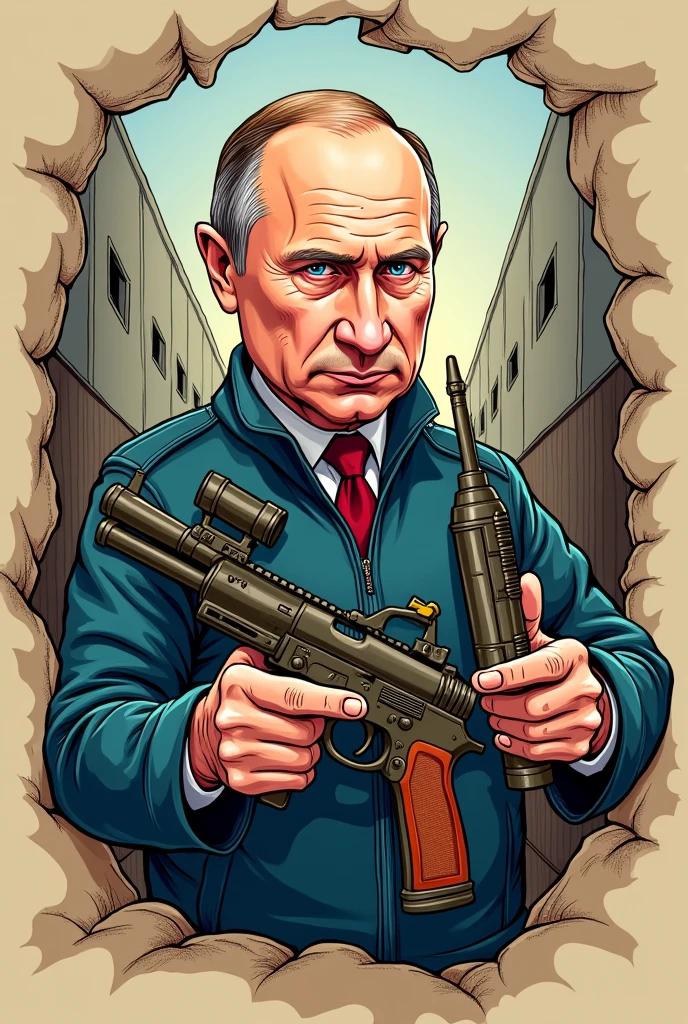 Cartoon Putin, President of Russia, with weapons and bombs in his hand, delivering them to terrorist groups, hidden in a drawing