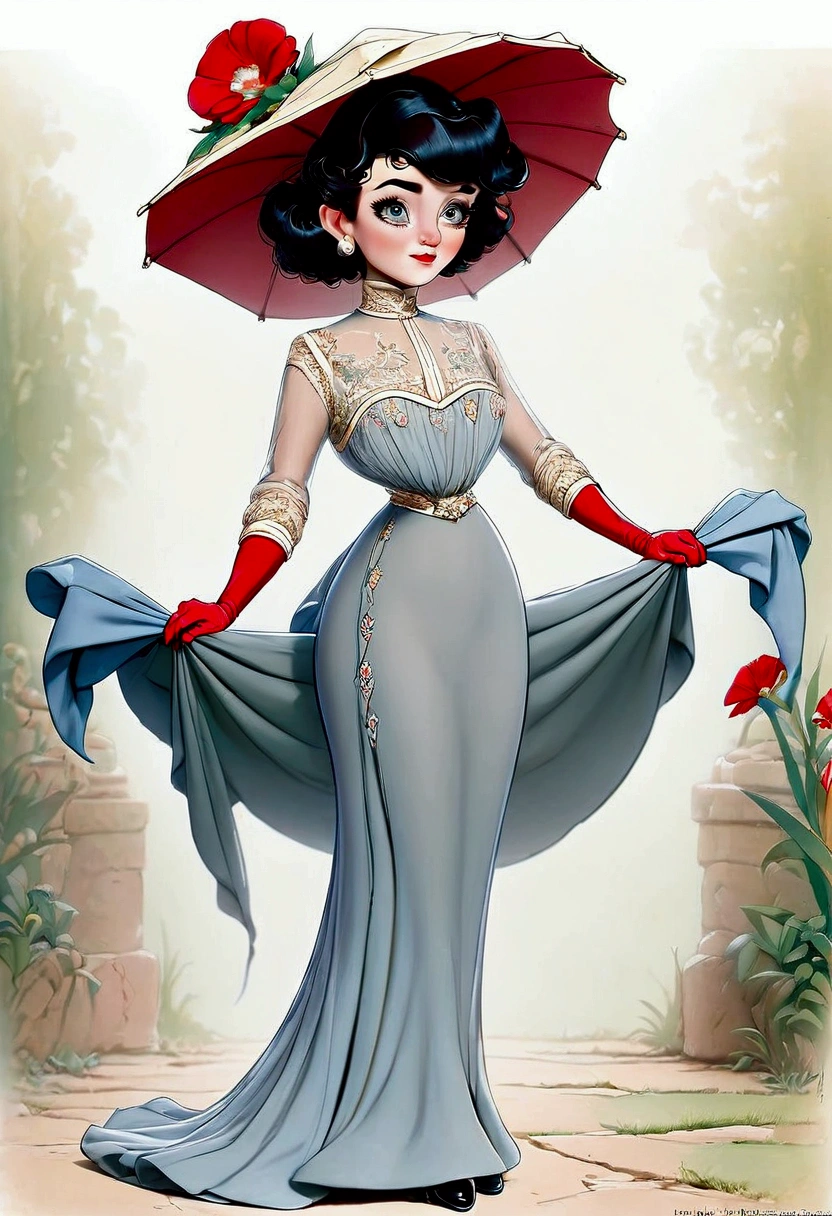 Betty Boop as a gorgeous stylish **** brunette teenage Gibson Girl wearing her 1905_dress. Year 1906. Edwardian high-neck long sleeve dress. Sheer top. Ornate wide-brimmed picture hat with a veiled front fully topped with flowers and feathers. Gloves in both hands. Sash tied around her waist. Floor-length skirt. Boots. 40-20-40 hourglass figure. Large bubble butt sticking out. S-bend corset. Brunette Gibson Girl updo with split curls. Big blue eyes, pouty red lips. Full body. Delicately holding a medium-sized parasol with one hand, pinky finger raised. Outdoors. 