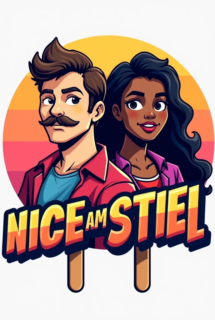i need a significant logo for a YouTube channel which contains topics like movies, action figures, cosplays, video games and pop culture. the name of channel is NICE AM STIEL which is a german pun for a popsicle which means EIS AM STIEL in german. please visualize a proper logo with the likeness of a popsicle and everything I mentioned in the description. Be sure that the logo looks like two 80's characters like the main protagonists from MIAMI VICE - made them out of popsicle, one Man has a mustache and a light skin tone and the other Man has long black hair and a brown skin tone but most importantly the Logo as to feature the name NICE AM STIEL