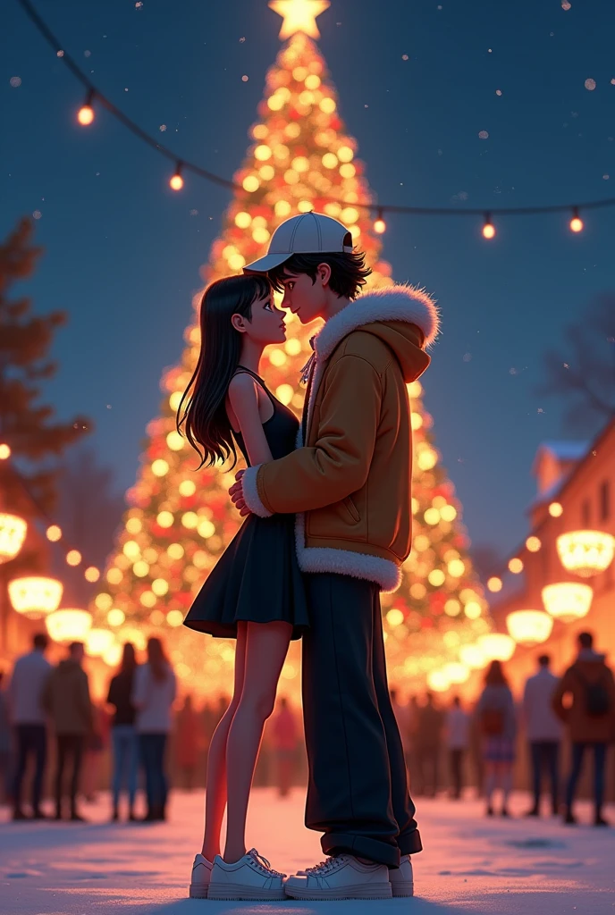 Disney Pixar style cover, a girl in a black sleeveless dress white sneakers, long straight hair hugging her partner from her shoulders who has a white cap where her hair can be seen curly on the sides and a thick jacket with foam and white also has wide black pants that reach her ankle and white shoes, He hugs the girl around the waist as they look at each other, Behind it is a large Christmas tree in the shape of a triangle surrounded by people and it is at night where the splendor of the tree is impressive.
