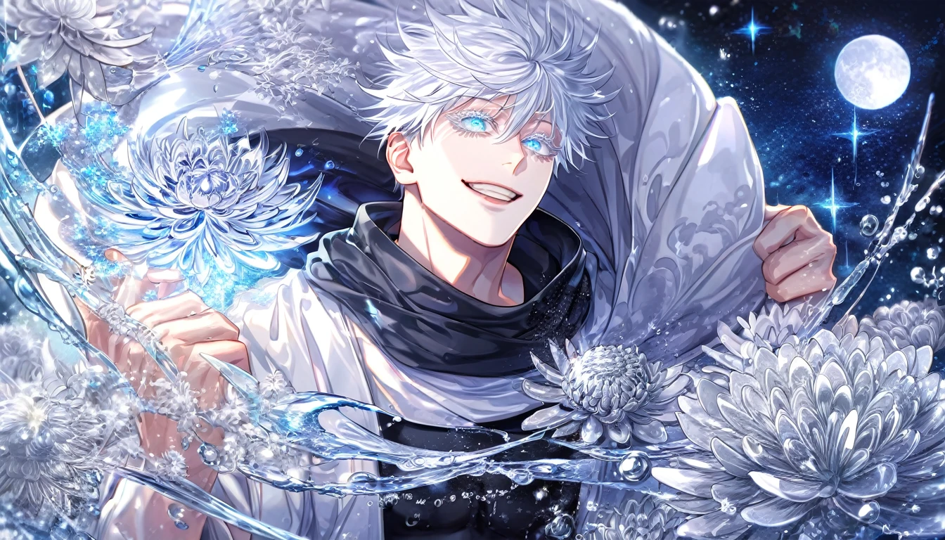 absurdres, highres, ultra detailed, HDR, master piece, best quality, extremely detailed, Gojou Satoru, white hair, expressive blue eyes, white eyelashes, colored eyelashes, Jujutsu Kaisen, solo, sexy man, handsome, smile, white haori, black scarf, black tight T-shirt, fantasy, water, sparkling, silver glittering fireflies, silver moon, silver blossoms, silver chrysanthemums, silver sparkling lights, starry sky, magical