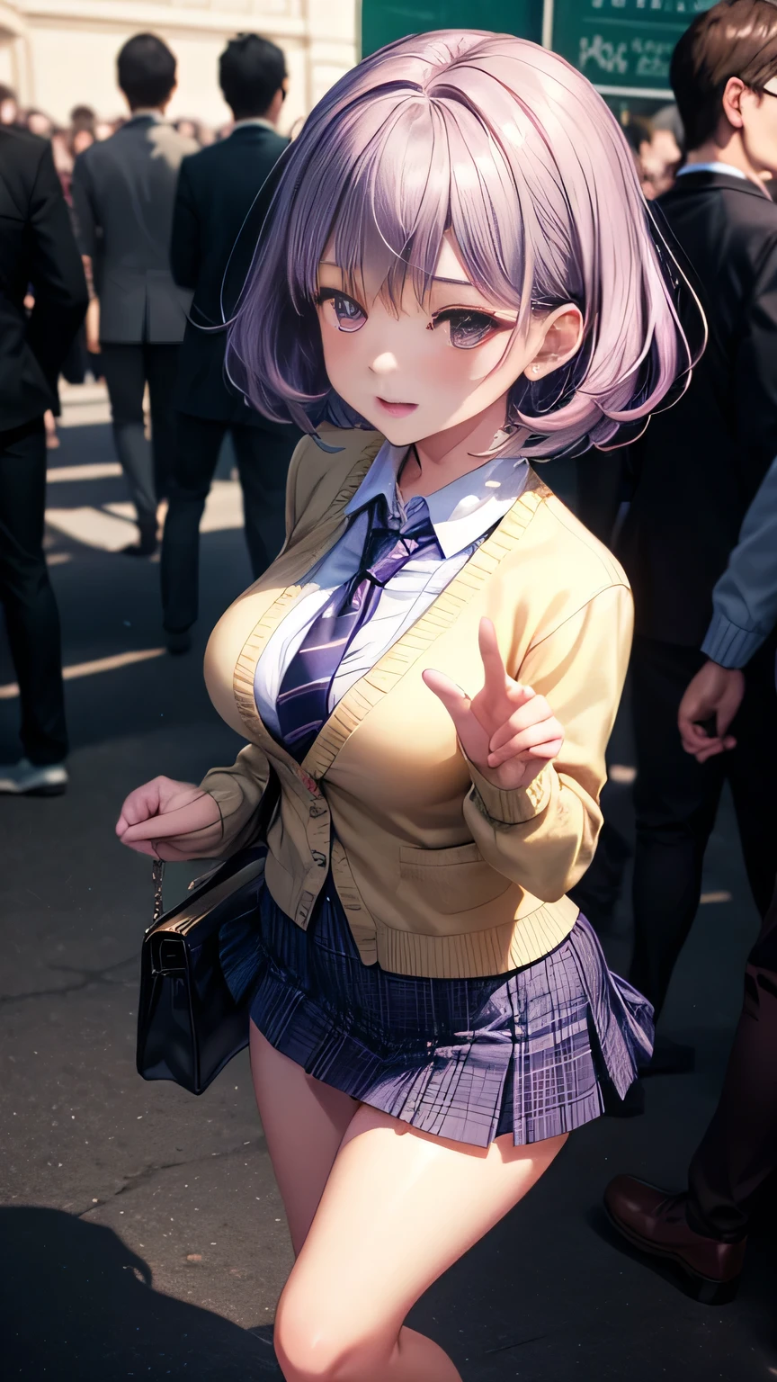 (Very detailed CG Unity 8K wallpaper),(masterpiece), (Highest quality), (Very detailed), (Best illustrations),(Best Shadow)、Large Breasts、crowd、Standing and spreading legs pose、Embarrassed and blushing、Purple eyes and very short purple hair、White blouse、Blue tie、Checked mini skirt、Beige cardigan、Dynamic Angle