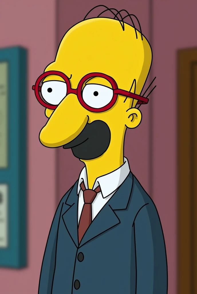 Create the animated character Kirk Evelyn Van Houten with a black goatee who is Milhouse&#39;s father with little hair on the periphery and bald in the center of his head with round red-framed glasses with a slightly rounder head in a suit. 