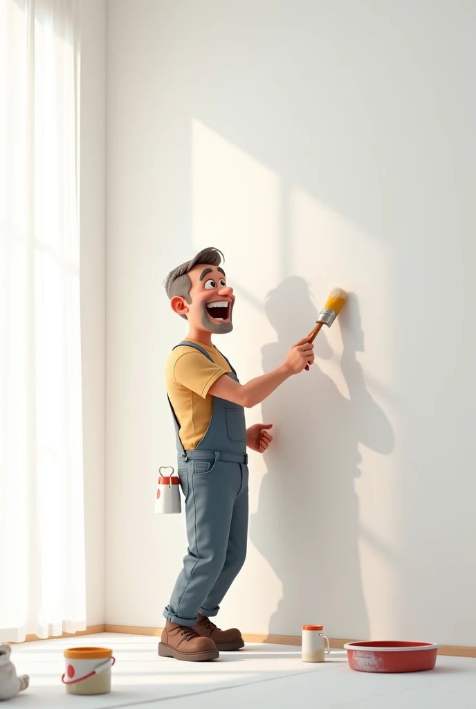 Man Painting Wall and Smiling in Drawing